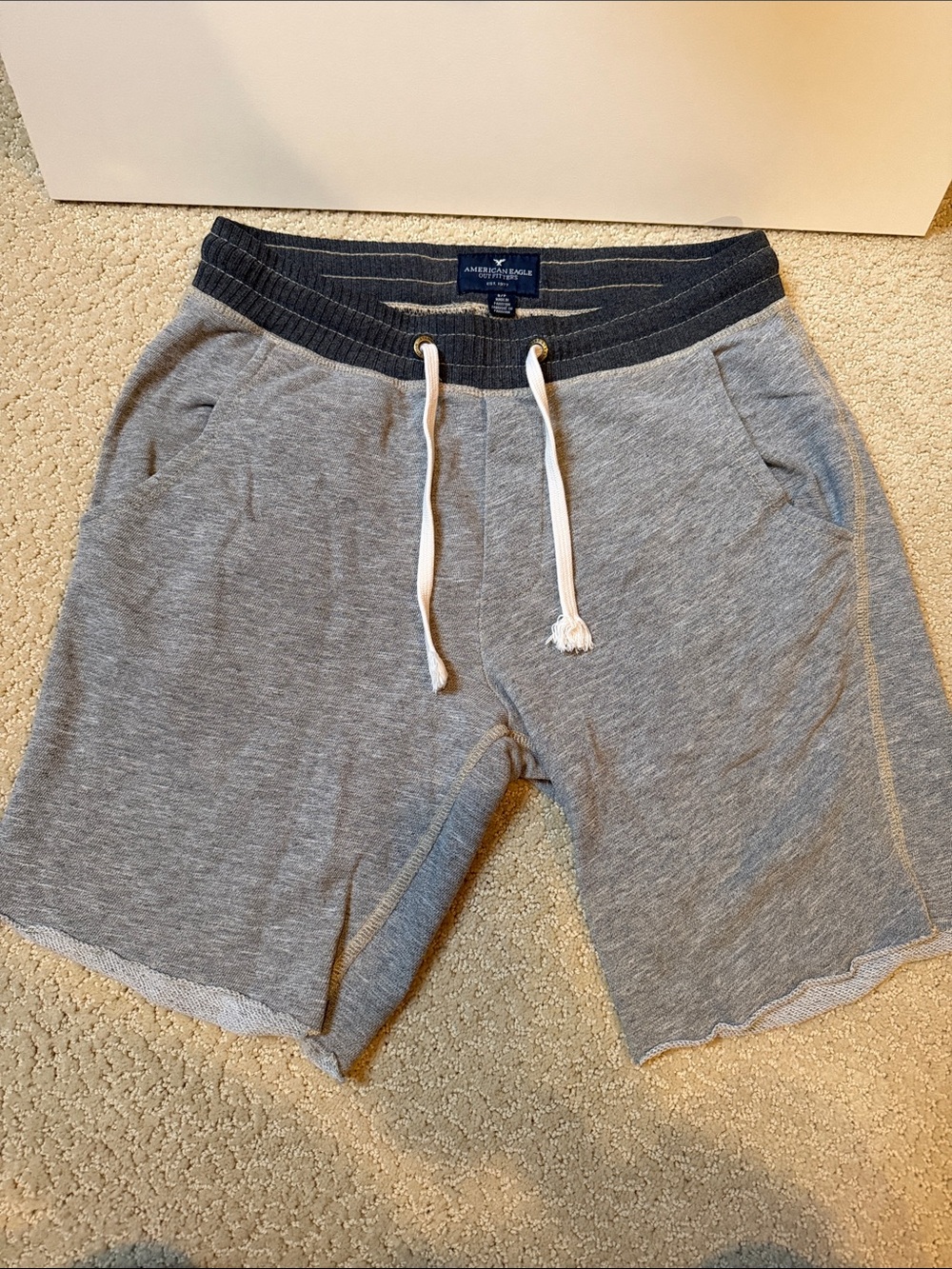 American Eagle Gray Shorts with Dark Gray Waistband and White Drawstring